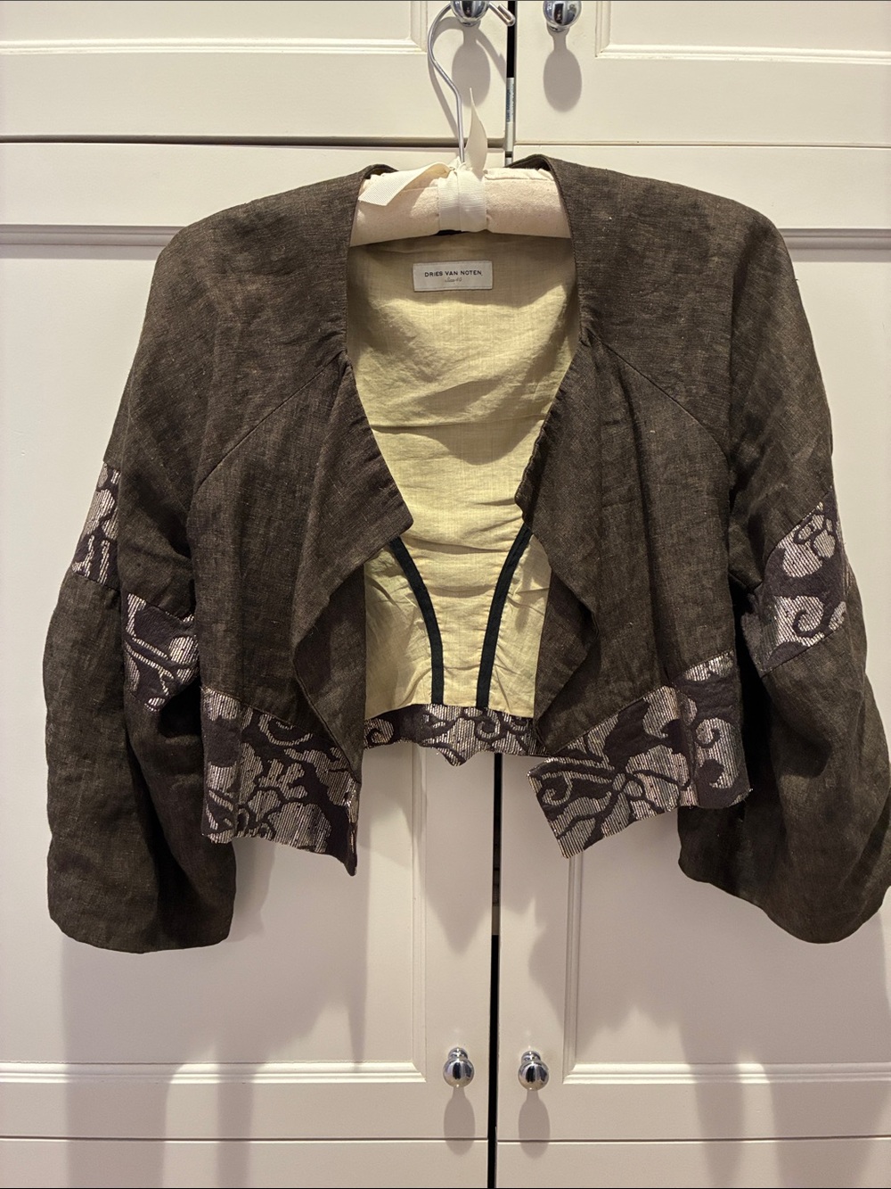 Dries Van Noten Brown Cropped Open-Front Blazer with Patterned Trim size 40